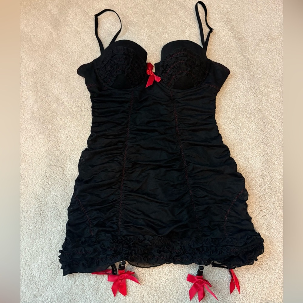NWT Victoria Secret - Black Lace Bustier Slip Dress w/ Red Bow Accents